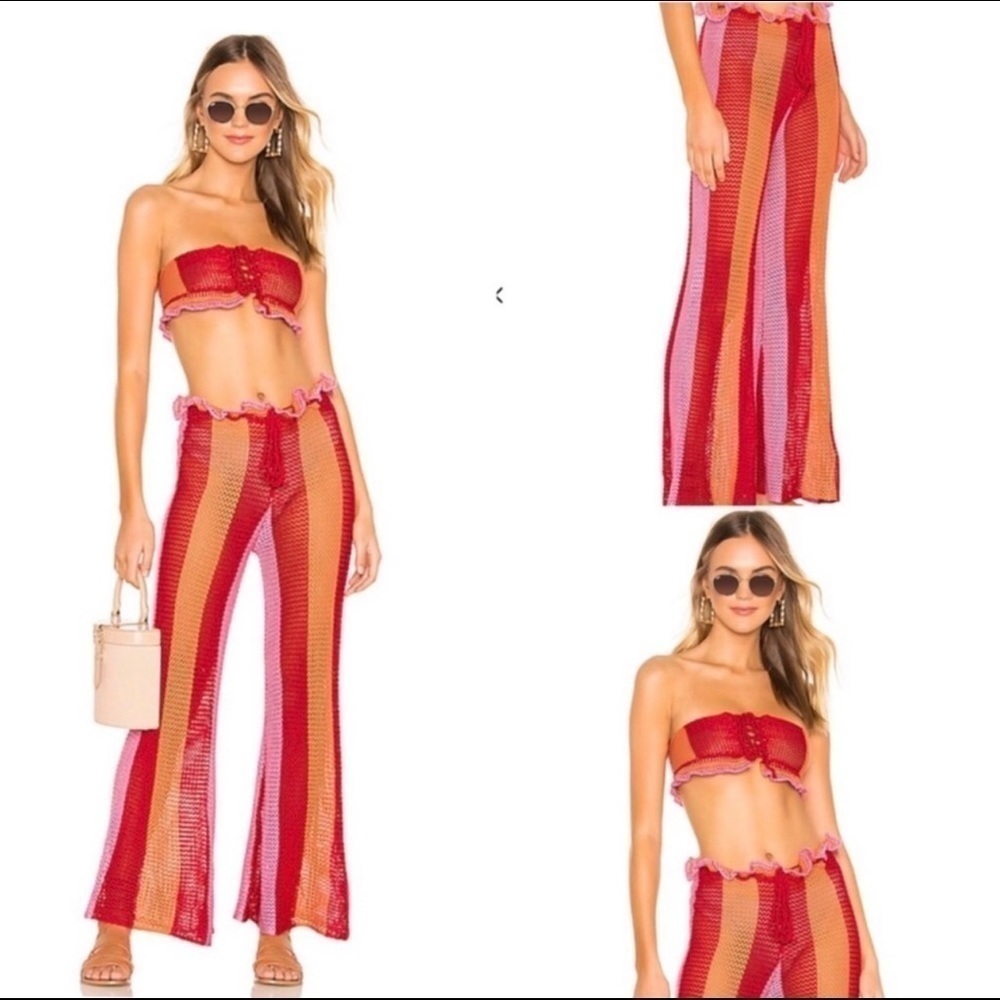 💋NWT Lovers + Friends Boho Crochet Bandeau Wide Leg Cover Up Beach/Pool Pant Set